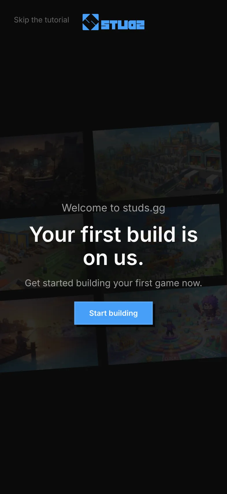 The studs.gg welcome screen on a phone, saying your first build is on us, with a Start building button