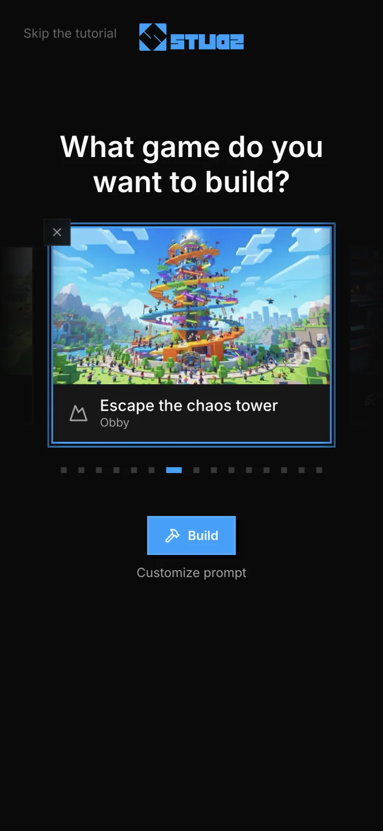 The game idea picker on a phone, with the Escape the chaos tower obby selected and a Build button