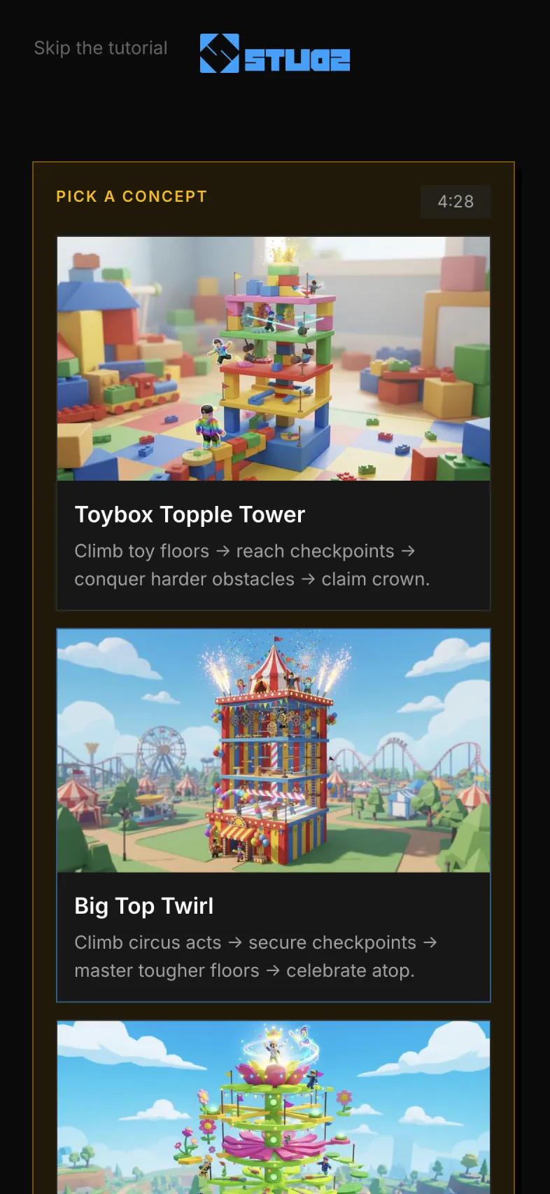 Three concept images for an obby tower, offered to choose from on a phone