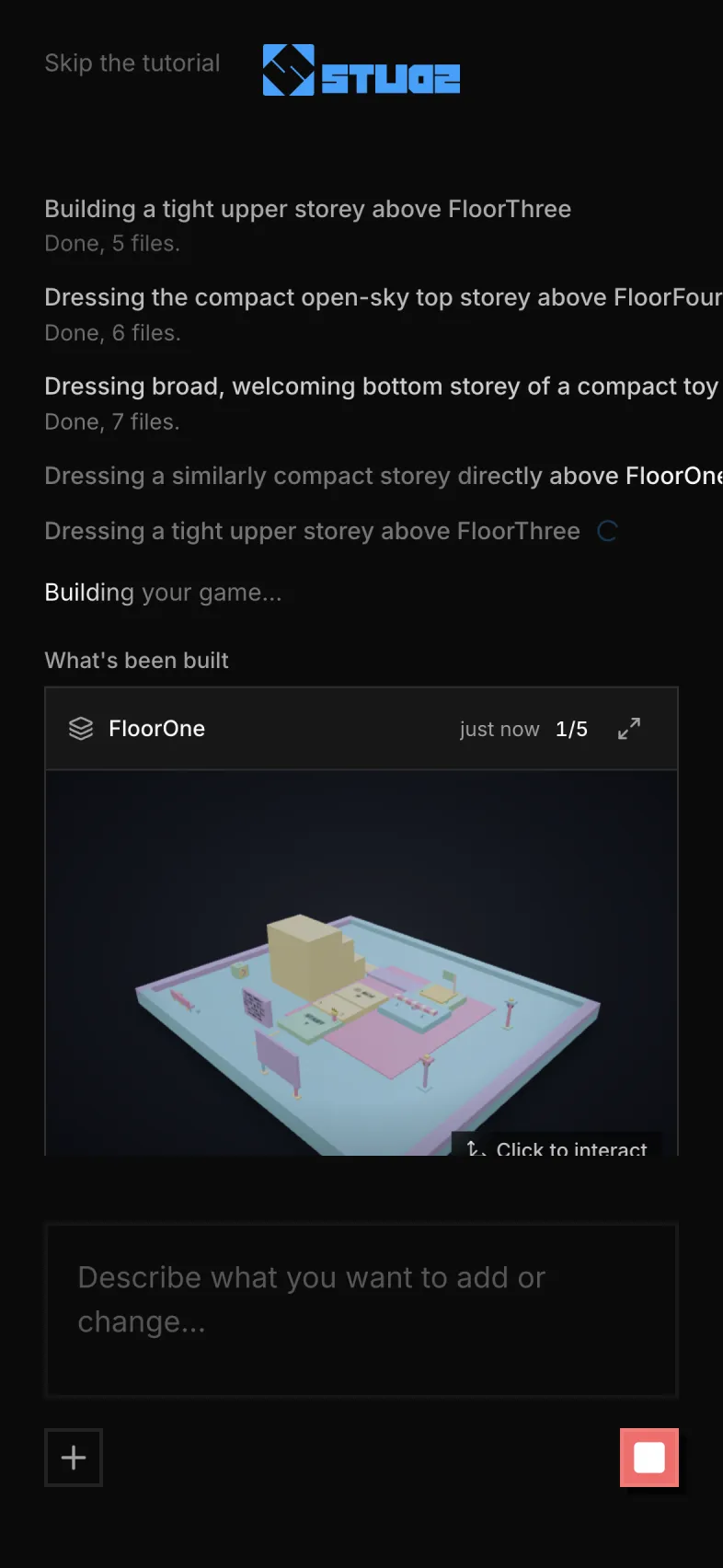 A game being built on a phone, with progress steps and pictures of the world