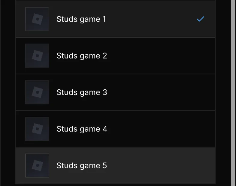 The game list in the publish menu on a phone, with Studs game 1 picked