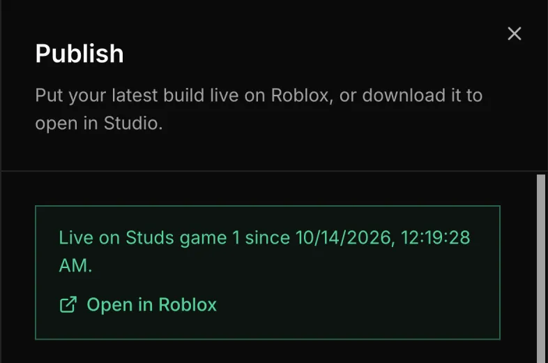 The publish menu on a phone showing the game is live on Studs game 1, with an Open in Roblox link